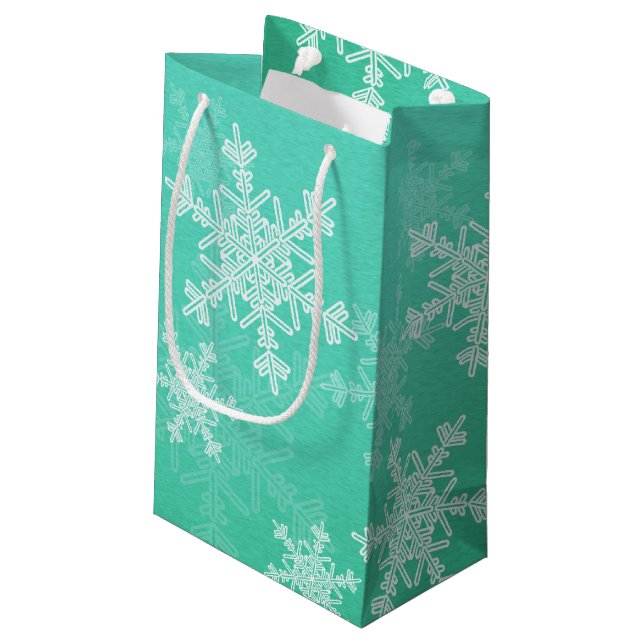 Emerald White Snowflakes Minimalist Christmas Small Gift Bag (Back Angled)