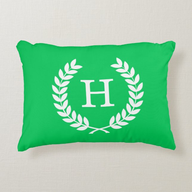 Emerald White Wheat Laurel Wreath Initial Monogram Decorative Cushion (Front)