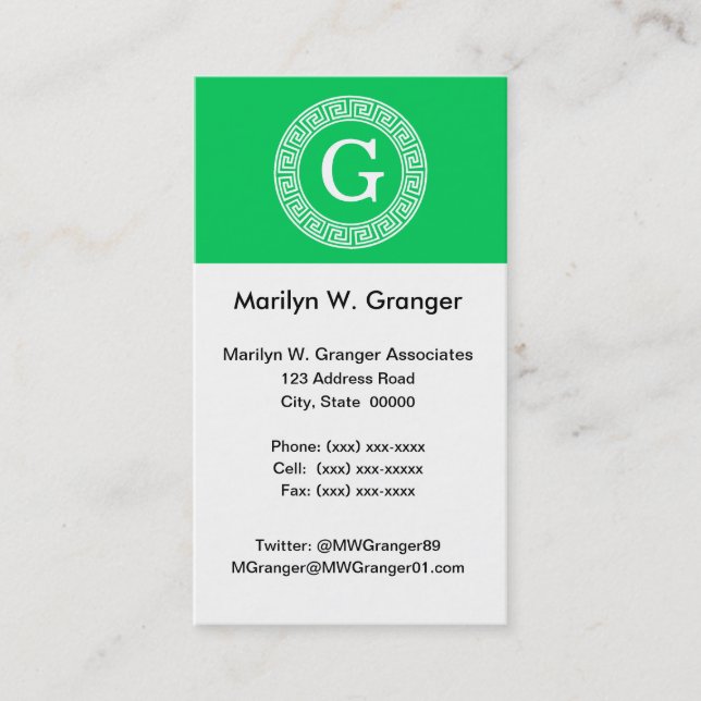 Emerald Wht Greek Key Rnd Frame Initial Monogram Business Card (Front)