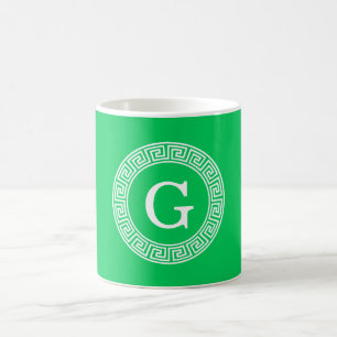 Emerald Wht Greek Key Rnd Frame Initial Monogram Coffee Mug