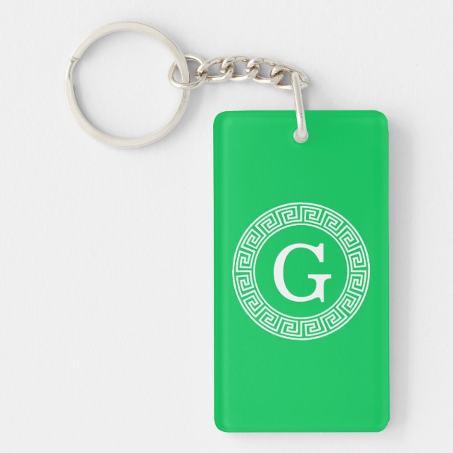 Emerald Wht Greek Key Rnd Frame Initial Monogram Key Ring (Front)