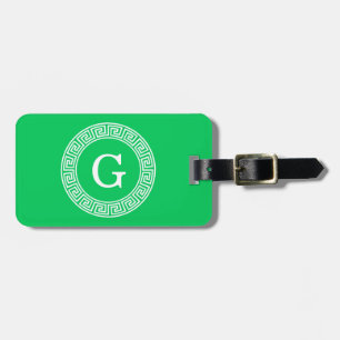 Emerald Wht Greek Key Rnd Frame Initial Monogram Luggage Tag