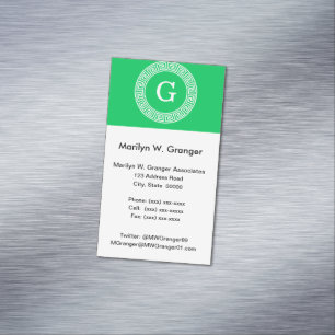 Emerald Wht Greek Key Rnd Frame Initial Monogram Magnetic Business Card