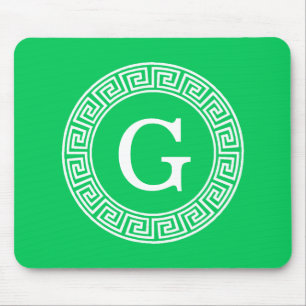 Emerald Wht Greek Key Rnd Frame Initial Monogram Mouse Mat
