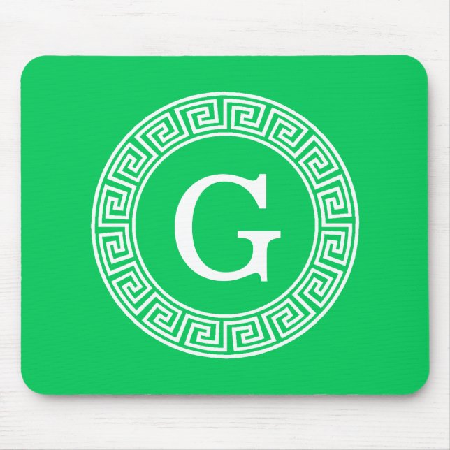 Emerald Wht Greek Key Rnd Frame Initial Monogram Mouse Mat (Front)