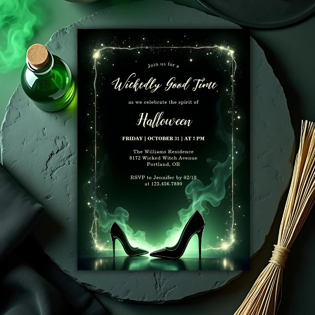 Emerald Wickedly Good Time Girls Halloween Party Invitation (Wickedly Good Time Halloween Party Invitation – Witch Heels, Emerald Smoke & Sparkle)