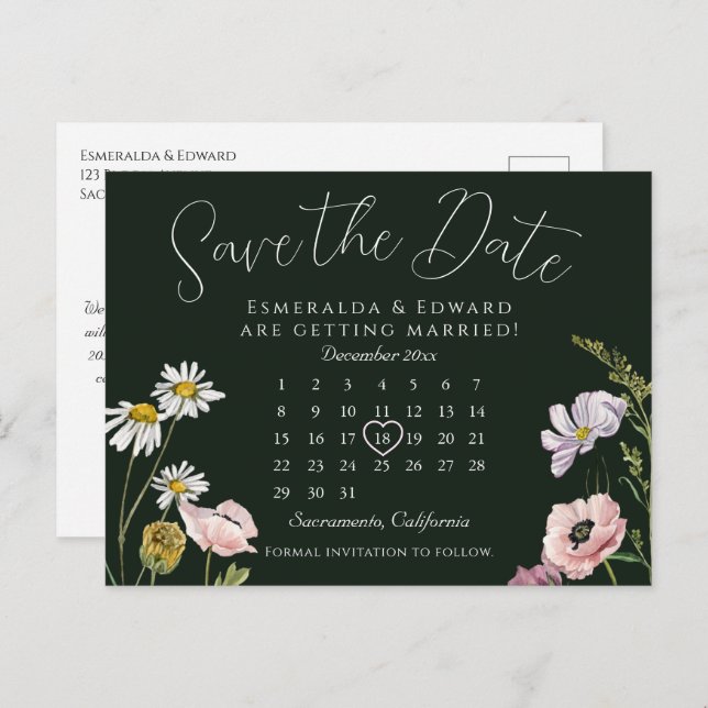 Emerald Wild Flower Wedding Calendar Save The Date Announcement Postcard (Front/Back)