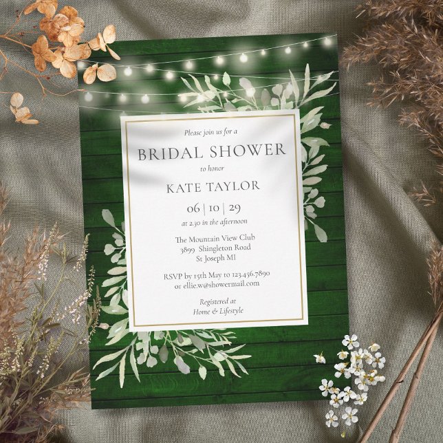 Emerald Wood String Lights Greenery Bridal Shower Invitation (Emerald Wood String Lights Greenery Bridal Shower Invitation)