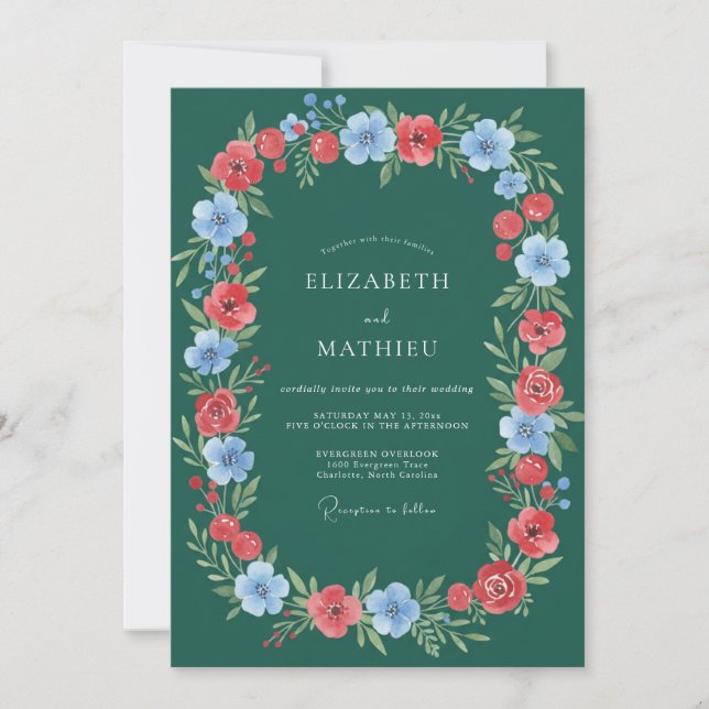 Emerald Wreath Floral Romance Wedding Invitation (Front)