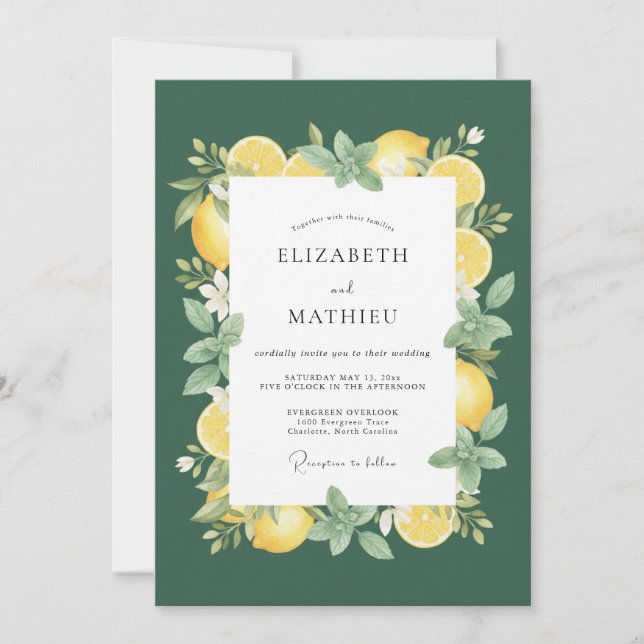 Emerald Yellow Lemon Eucalyptus Wedding Invitation (Front)