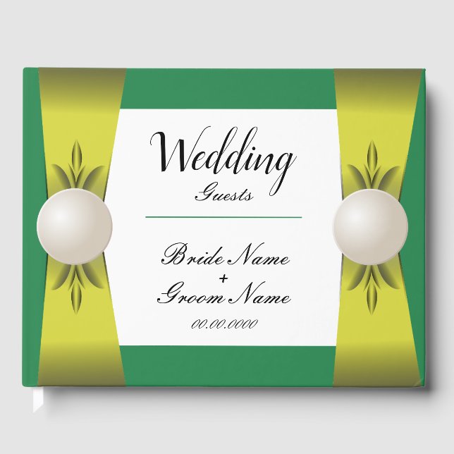 Emerald & Yellow Pearl Ribbon Monogram Wedding Guest Book (Front)