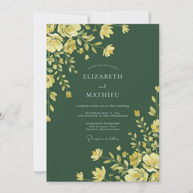 Emerald Yellow Ranunculus Eucalyptus Wedding Invitation (Front)