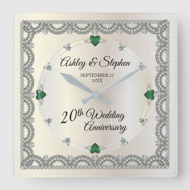 Emeralds | Diamonds 20th Wedding Anniversary Square Wall Clock (Front)