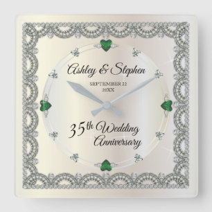 Emeralds   Diamonds 35th Wedding Anniversary Square Wall Clock