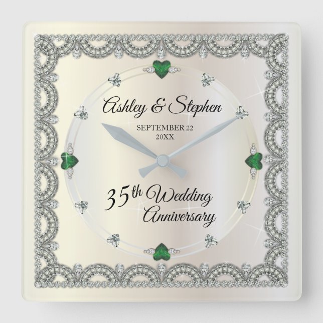 Emeralds | Diamonds 35th Wedding Anniversary Square Wall Clock (Front)