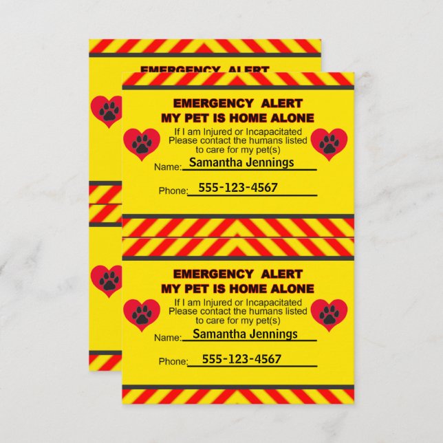 Emergency Alert My Pet is Home Alone Cards (Front/Back)
