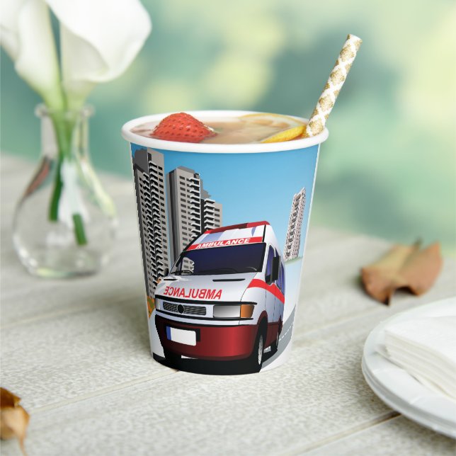 Emergency Ambulance in Cityscape Medical Rescue  Paper Cups (Insitu)