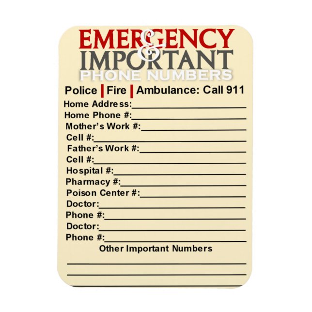 Emergency and Important phone numbers 3"x4" magnet (Vertical)