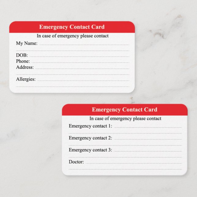 Emergency Contact Calling Card (Front/Back)