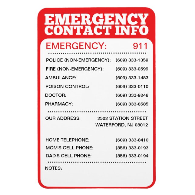 Emergency Contact Information List Magnet (Vertical)