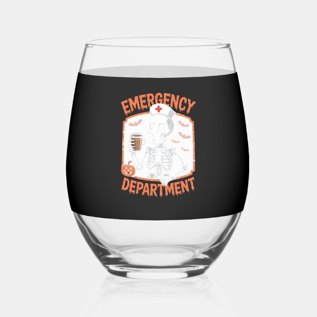 Emergency Department Funny Halloween Nurse Essenti Stemless Wine Glass (Front)