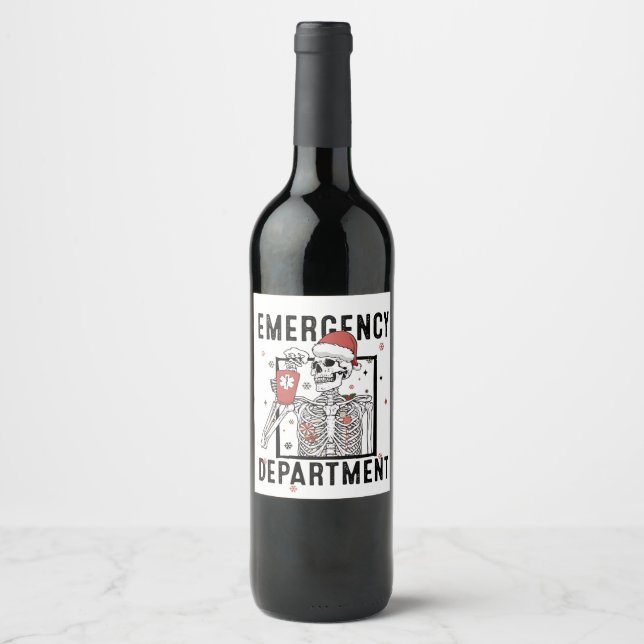 Emergency Department Skeleton Nursing Coffee Lover Wine Label (Front)