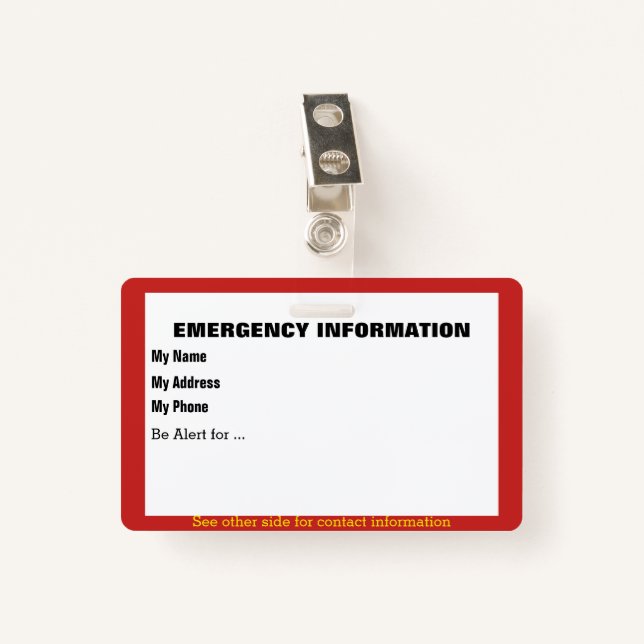 Emergency Information Card ID Badge (Front with Clip)