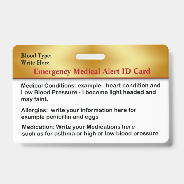 Emergency Medical Alert Contacts ID Card Custom Badge (Front)