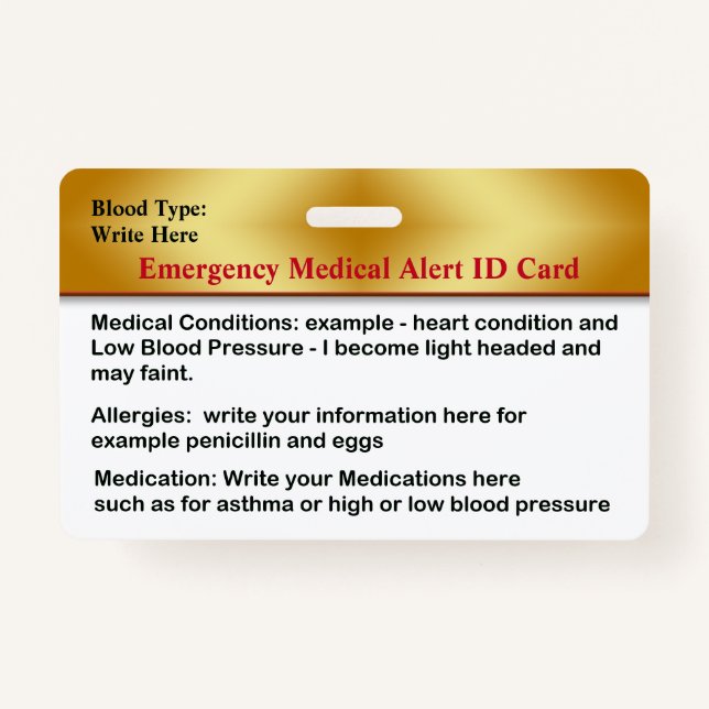 Emergency Medical Alert Contacts ID Card Custom ID Badge (Front)