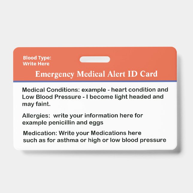 Emergency Medical Alert ID Card Custom Badge (Front)