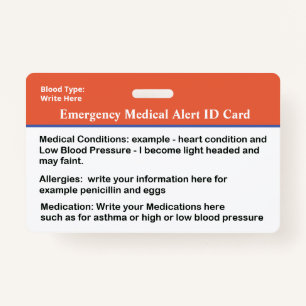 Emergency Medical Alert ID Card Custom Badge ID Badge