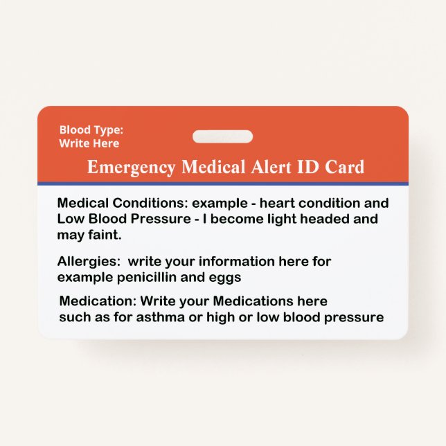 Emergency Medical Alert ID Card Custom Badge ID Badge (Front)