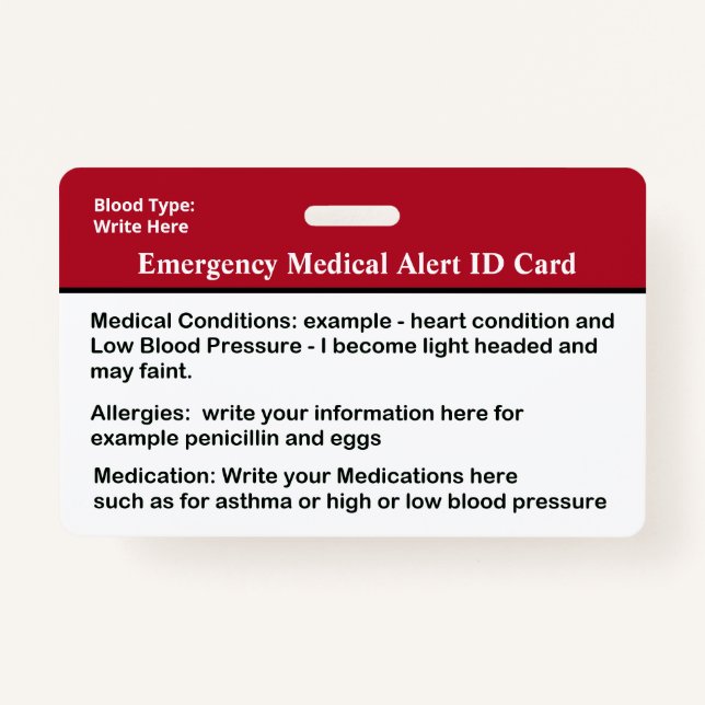 Emergency Medical Alert ID Card Custom ID Badge (Front)