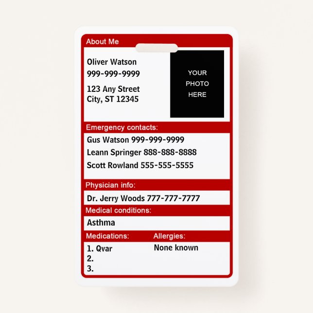 Emergency Medical ID Card ID Badge (Front)