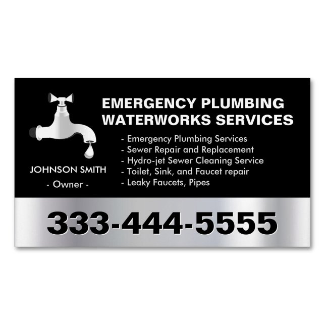 Emergency Plumbing Waterworks Service Black Metal Magnetic Business Card (Front)