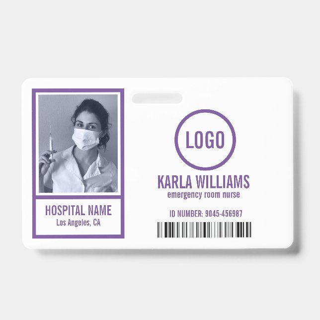 Emergency room nurse photo template purple tones ID badge (Front)