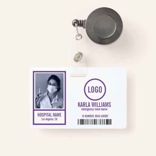 Emergency room nurse photo template purple tones ID badge (Front with Retractable)