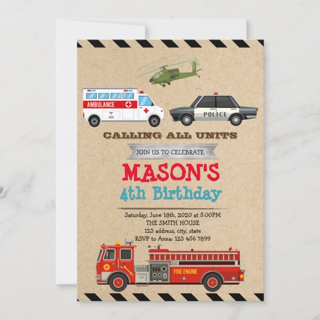 Emergency Vehicles Birthday invitation (Front)