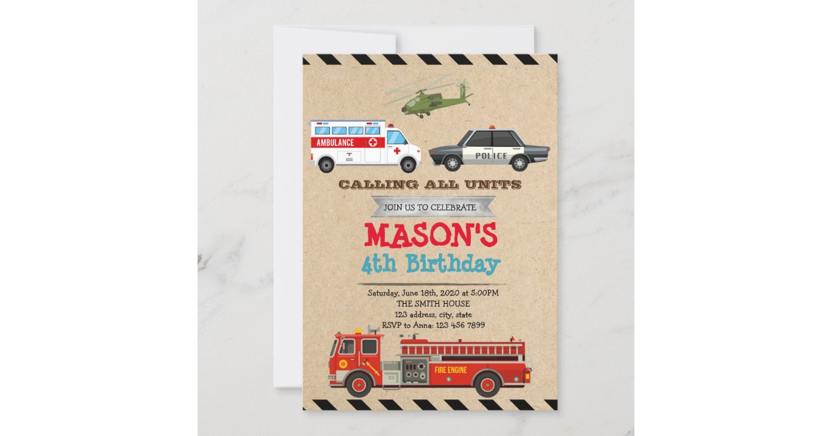 Emergency Vehicles Birthday invitation Zazzle