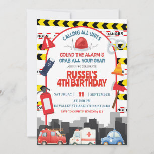 Emergency Vehicles kid's birthday invitation