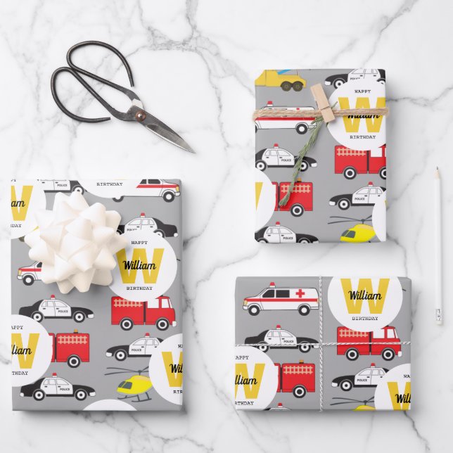 Emergency Vehicles Transportation Birthday Name Wrapping Paper Sheet (Front)