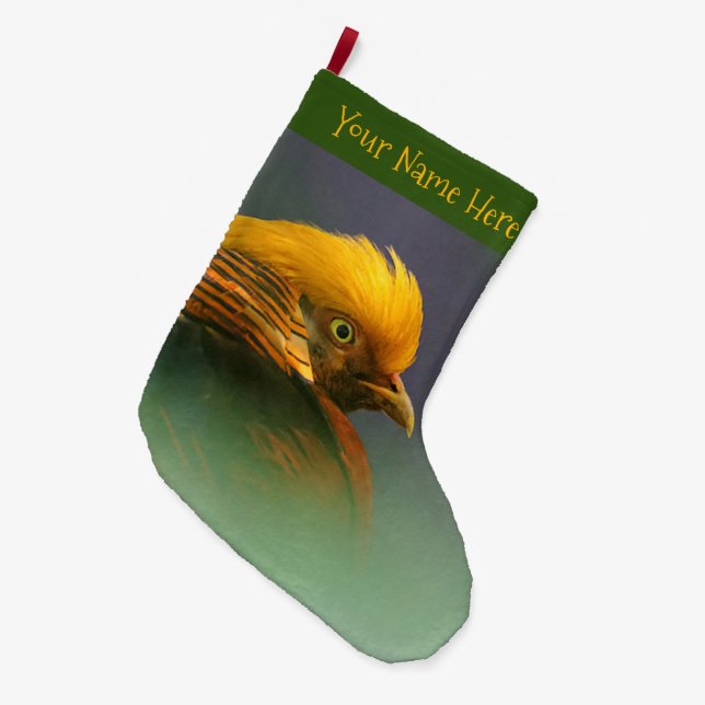 Emerging from the Green: Golden Pheasant Large Christmas Stocking (Front (Hanging))