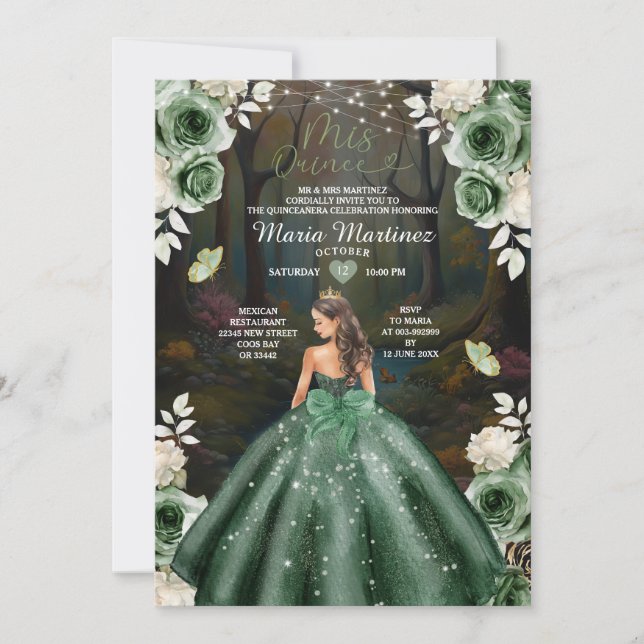 Emerlad Green Princess Castle Forest Mis Quince Invitation (Front)
