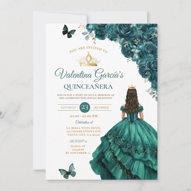 Emerland Green Dress Quinceañera 15 Anos Gold Invitation (Front)