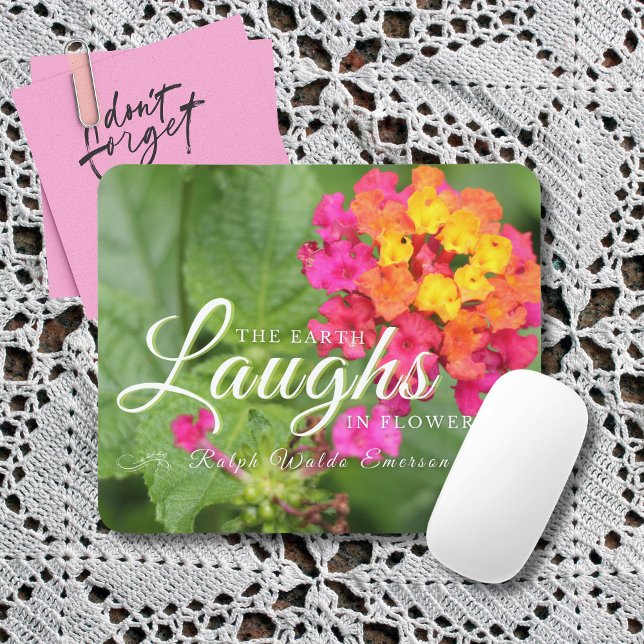 Emerson Beautiful Floral Quote Mouse Mat (Pink, orange and yellow flowers on a leafy green background make this quote mousepad a lovely gift.)