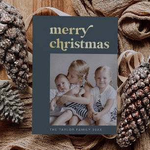 EMERY Blue Gold Foil Retro Vintage Photo Christmas Foil Holiday Card