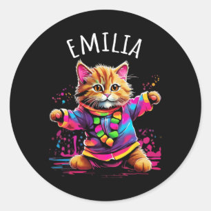 Emilia Colourful Dancing Cat Design For Girls Name Classic Round Sticker