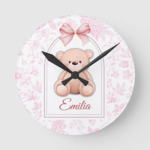 Emilia   Custom Pink Teddy Bear Nursery Design  Round Clock