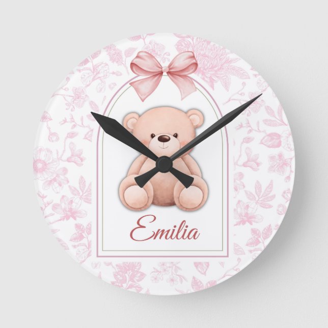 Emilia | Custom Pink Teddy Bear Nursery Design  Round Clock (Front)