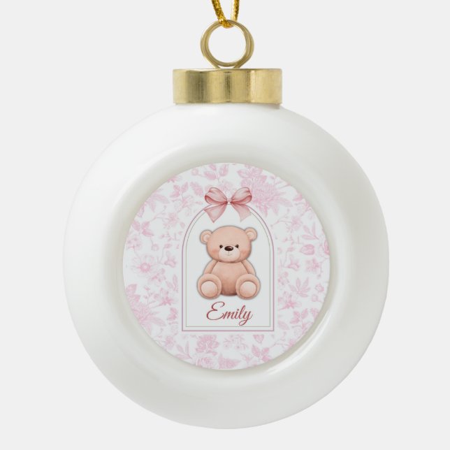 Emily | Custom Pink Teddy Bear Nursery Design  Ceramic Ball Christmas Ornament (Front)